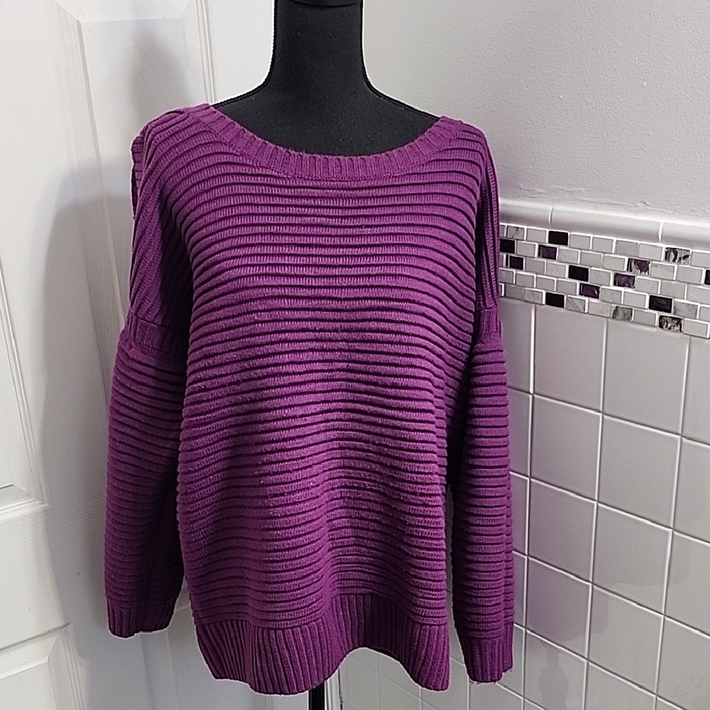 Ashley Stewart Purple Ribbed Crew Neck Cold Shoulder Sweater - Size 18/20
